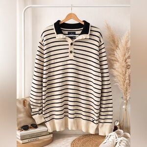 American Eagle Striped Rugby Sweater XL Cream Navy Collared Cotton Y2K Preppy